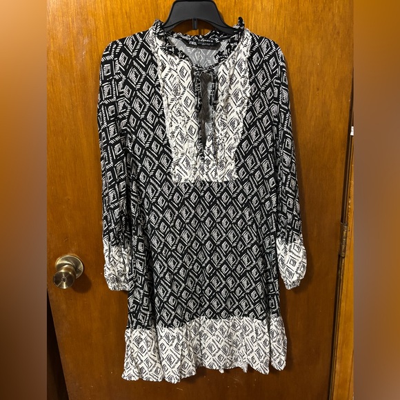 Zara boho retro black/white knee length pheasant medium dress prairie ruffle - Picture 1 of 9